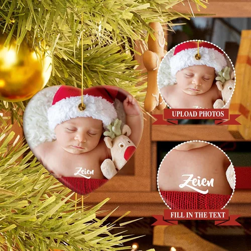 Vista 3 de iDIY Adornos de Navidad personalizados 2024 – Adornos de cerámica con texto con imagen personalizada para árboles de Navidad, adorno colgante