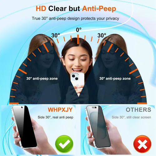 Vista 3 de WHPXJY Paquete de 2 + 3 protectores de pantalla de privacidad para iPhone 15 con protector de lente de cámara, antiarañazos, sin burbujas, fácil
