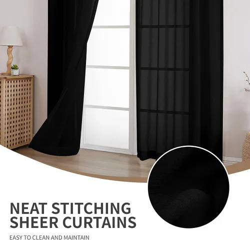 Vista 2 de CUCRAF Juego de 2 paneles de cortinas traslúcidas negras de 72 pulgadas de largo, con bolsillo para barra, cortinas de gasa para sala de estar
