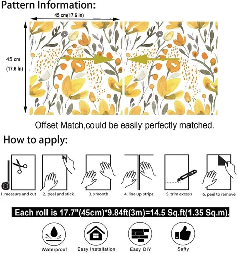 Vista 6 de Blooming Wall Papel tapiz autoadhesivo autoadhesivo con diseño de acuarela transparente transparente amarillo fresco floral Kapok