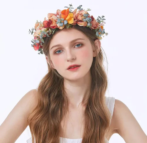 Vista 3 de Vivivalue Corona floral para mujer, diadema de flores bohemias, corona para el cabello, diadema floral, aureola, fiesta de boda