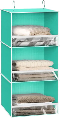 Vista 11 de Simple Houseware Organizador de armario colgante de 3 estantes, estantes de almacenamiento de tela con capacidad de 57 litros, color negro