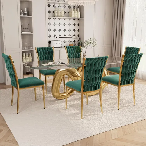 Vista 27 de Juego de 2 sillas de comedor de terciopelo, modernas sillas de cocina tejidas con patas de metal dorado, cojín tapizado con respaldo alto