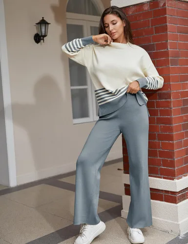 Vista 5 de Himosyber Conjunto de suéter para mujer, 2 piezas, de manga larga, suéter de punto, pantalones deportivos