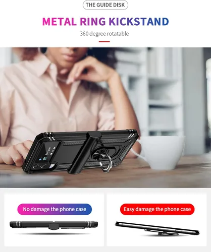 Vista 4 de ONOLA Funda compatible con Samsung Galaxy Z Flip 4/3 con protección de bisagra y anillo giratorio de 360° con soporte magnético resistente