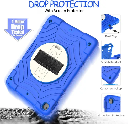 Vista 4 de BMOUO Funda para iPad de 6ª/5ª generación/Air 2, para iPad de 9.7 2018/2017 con protector de pantalla, soporte giratorio 360º y correa de mano y Azul