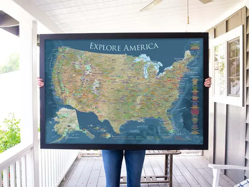 Vista 6 de GEOJANGO National Parks Push Pin Map with Terrain, USA Interstates, All NPS Sites, Landmarks, Highest Peak by State - Voyager Edition - Framed Map