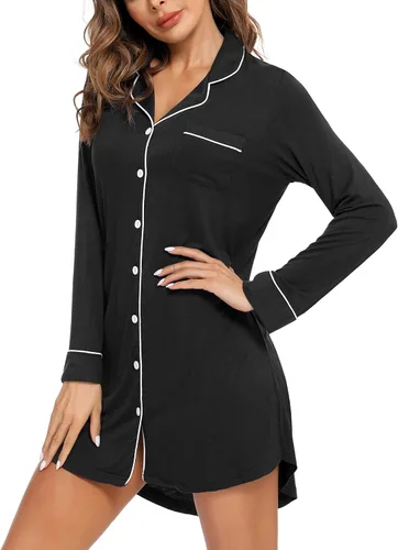 Vista 108 de Samring Camisón de pijama para mujer, manga corta/larga, con botones, camisón para dormir, camisón para novio, talla XXL