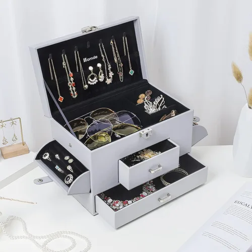 Vista 6 de Homde Joyero organizador para mujeres y niñas estuche grande de almacenamiento de joyas con cajón collar aretes anillos reloj gafas de sol