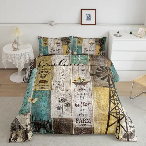 Vista 23 de Erosebridal Juego de edredón rústico de colibrí, juego de ropa de cama de molino de viento rústico para niños, adolescentes y adultos, relleno