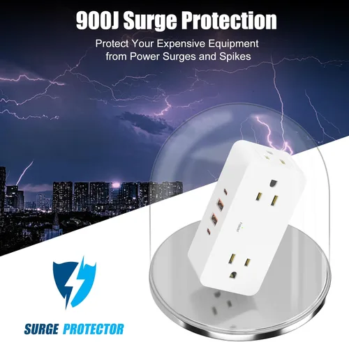 Vista 4 de Extensor de salida de protección contra sobretensiones con enchufe giratorio, extensor de salida de enchufe múltiple con 4 divisores y 2 puertos USB