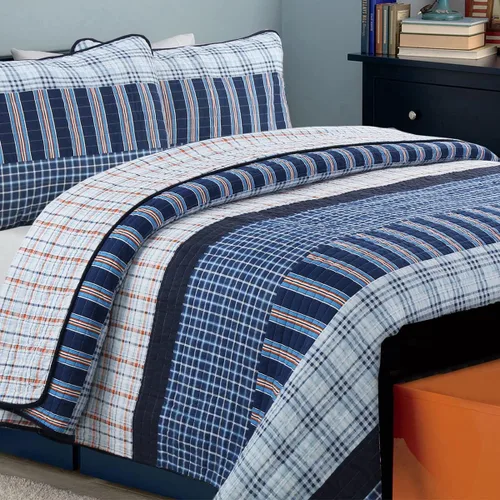 Vista 13 de Juego de ropa de cama de algodón con retazos reales a rayas azul marino, colcha reversible, colcha (Denim, Queen, 3 piezas)