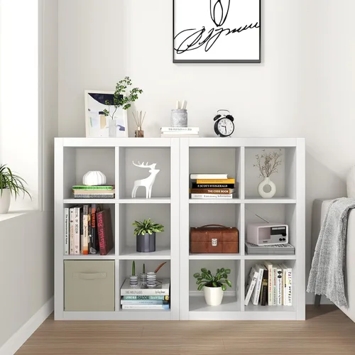 Vista 33 de Estantería con contenedor de almacenamiento, organizador de almacenamiento de 6 cubos, estantería abierta de madera moderna, estante de cubículos