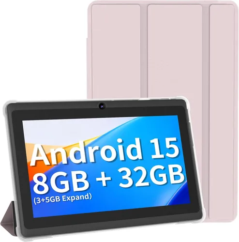 Vista 9 de Tablet de 7 pulgadas con funda, tabletas Android 15 de cinco núcleos, 8GB RAM 32GB ROM expansión de 512GB, pantalla IPS HD de 1024 x 600, 3500mAh