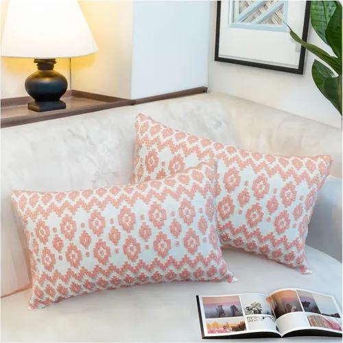 Vista 20 de Funda de almohada de algodón, diseño de bolero. Funda decorativa con diseño geométrico. En lona de algodón. Bordado, con costuras en cadena. 1pc