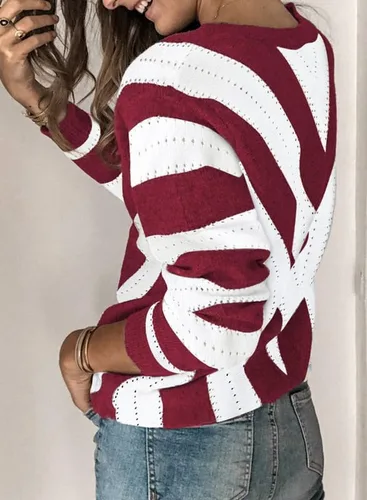 Vista 2 de Dokotoo Suéter de punto para mujer, diseño de rayas, cuello en V, con bloques de color, ajuste holgado