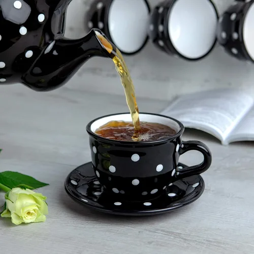 Vista 4 de City to Cottage Taza y platillo de café capuchino de cerámica grande de lunares blancos y negros hechos a mano de 12 oz/11.8 fl oz, cerámica