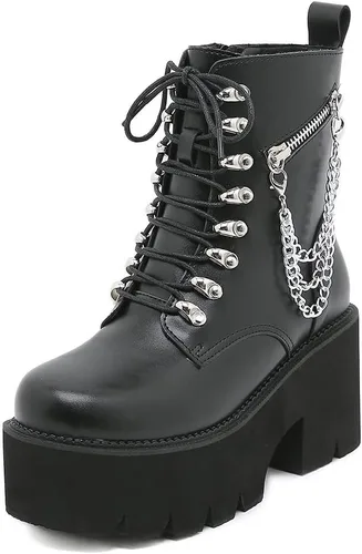 Vista 9 de mikarka Platform Boots for Women - Womens Combat Boots with Chain Design 1-negro