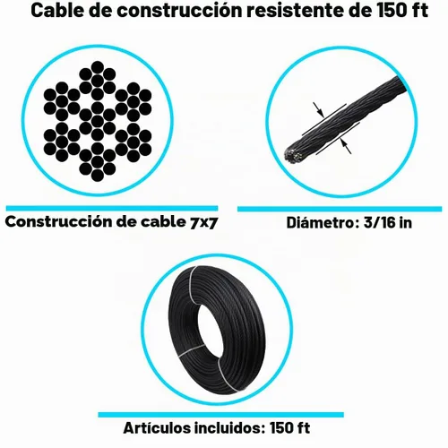 Vista 4 de Cuerda de alambre negro 3/16, cable de acero inoxidable T316, cable de avión de 150 pies, para kit de hardware de barandilla de cable de cubierta