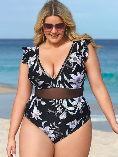 Vista 4 de CUPSHE Traje de baño de una pieza para mujer, talla grande, cuello en V, con volantes y malla