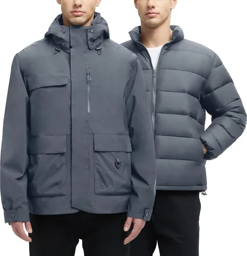 Vista 8 de YGREYG Chaquetas de invierno impermeables 3 en 1 para hombre, para esquí, abrigo de lluvia y nieve, con forro acolchado, cortavientos