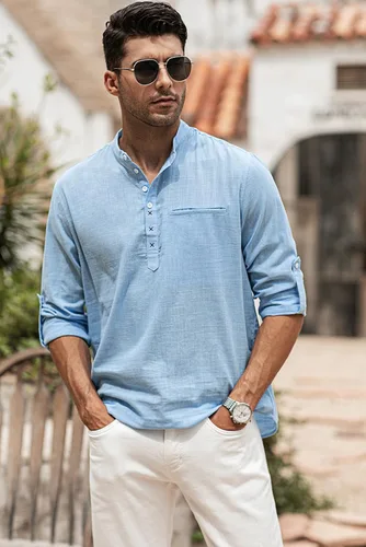 Vista 9 de JMIERR Camisa Henley de algodón y lino para hombre, estilo casual, hippie, de manga larga, con bolsillo