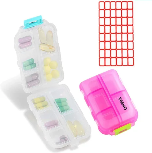 Vista 8 de Pastillero (paquete de 2) – Caja portátil para tabletas de suplementos pequeños con 10 compartimentos – Organizador de vitaminas medicinales