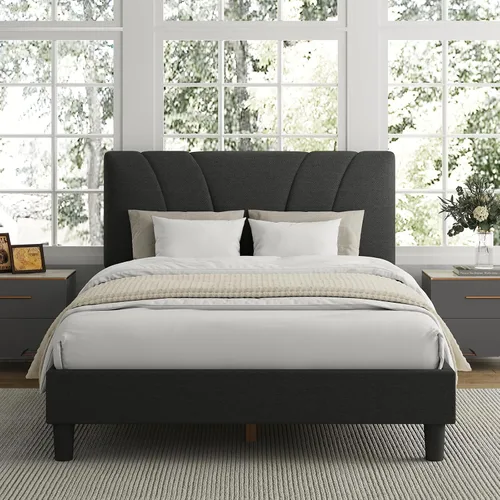 Vista 7 de Avenco - Base de cama tamaño matrimonial con plataforma tapizada y cabecera ajustable, soporte de listones de madera, fácil montaje, no necesita