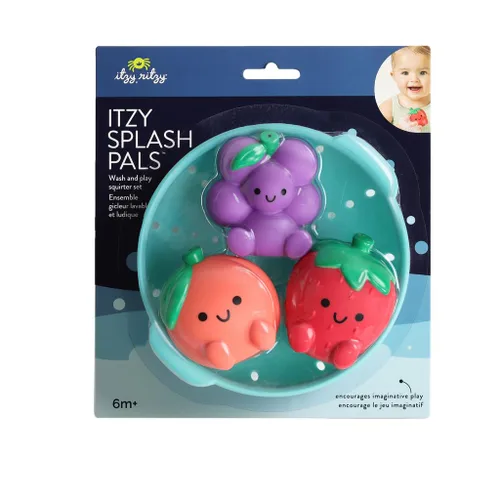 Vista 8 de Itzy Ritzy Juguetes Rociadores de Baño – Juego de 3 Juguetes de Baño Texturizados con Forma de Fruta y 1 Colador Rociador – Itzy Splash Pals