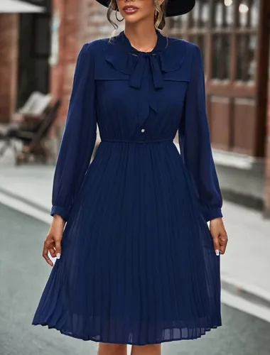 Vista 5 de HAOKEKE Vestido de gasa de manga larga para mujer, vestido de gasa retro con cuadrícula marrón, botones plisados, lazo hacia abajo, vestido de mujer