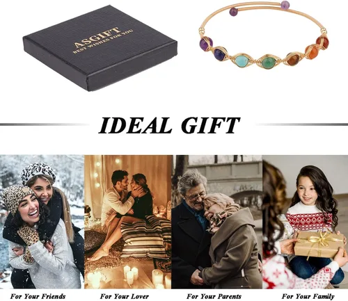 Vista 7 de ASGIFT Pulsera de 7 chakras para mujeres y niñas, cuentas de piedra de cristal curativo, ajustable, yoga, meditación, oro de 14 quilates, joyería