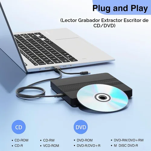 Vista 8 de Unidad externa ultrafina de CD y DVD con cable extralargo de 31.5 pulgadas
