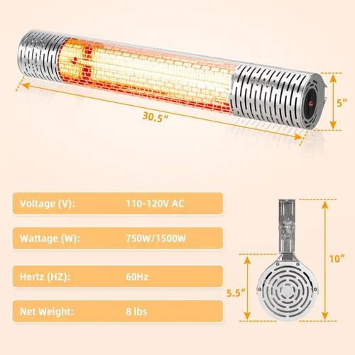 Vista 4 de Tangkula Calentador de patio montado en la pared de 1500 W, calentador eléctrico de infrarrojos lejanos para patio con control remoto, 2 ajustes
