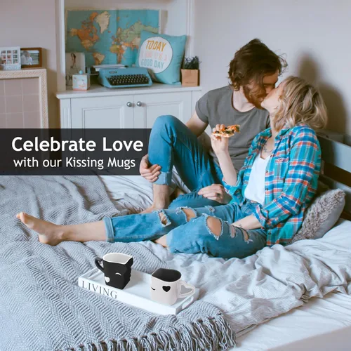 Vista 3 de MIAMIO - Juego de tazas de café/taza de besos para parejas de novia, de cerámica, con caja de regalo para bodas/cumpleaños/aniversario (negro)