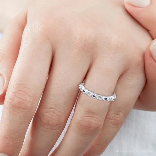 Vista 5 de Anillo de boda de diamantes y zafiro azul de 15 quilates con banda apilable de oro blanco de 10 quilates
