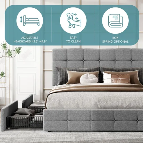 Vista 7 de HOOMIC Base de cama de plataforma tamaño King con 4 cajones de almacenamiento, cabecera ajustable con diseño de botones cosidos cuadrados, listones