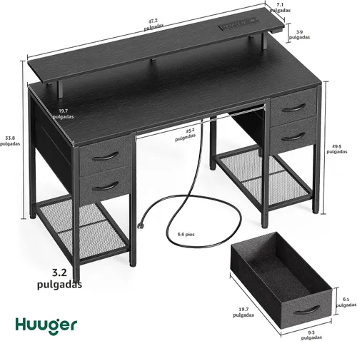 Vista 2 de Huuger Escritorio para computadora de 47 pulgadas con 4 cajones, escritorio para juegos con luces LED y tomas de corriente, escritorio de oficina