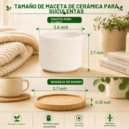 Vista 2 de ZOUTOG Macetas de Cerámica para Suculentas, Macetas de 4 Pulgadas, Macetas para Suculentas con Orificio de Drenaje y Bandeja de Bambú para Plantas
