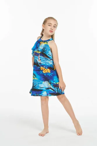 Vista 4 de Ropa de Luau hawaiana a juego para hombres, mujeres, niñas, niños en color azul atardecer, Azul