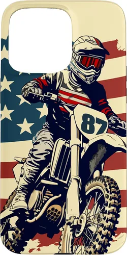 Vista 28 de Funda vintage para iPhone 16 Motocross Rider Dirt Bike con bandera estadounidense