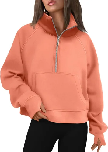 Vista 35 de AUTOMET Sudaderas con media cremallera para mujer, sudadera corta de vellón con cremallera de un cuarto, sudaderas con capucha para el otoño, a