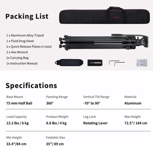 Vista 6 de Sistema de trípode de video Cayer BV30L, trípode de aluminio de doble tubo resistente de 72" con cabezal fluido K3, base plana de 75mm, carga máxima