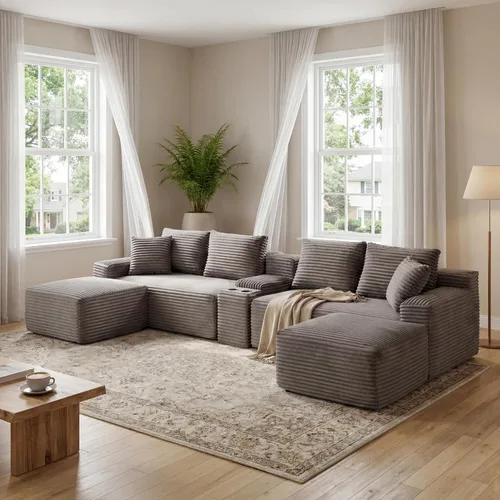 Vista 18 de Sofá seccional de nube en forma de U de 115 pulgadas, sofá modular comprimido sin hueso con diván otomano reversible, sofá simétrico de pana de Gris