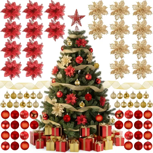 Vista 8 de Skylety Juego de 104 piezas de decoraciones para árbol de Navidad, adorno colgante azul de Navidad, bolas para árbol, estrella para la punta, flor