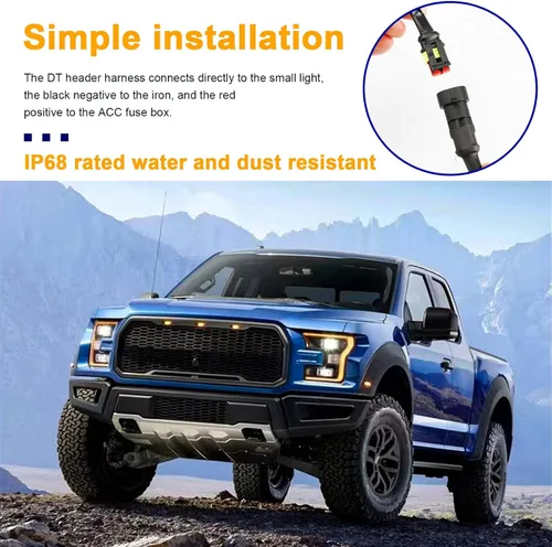 Vista 5 de Dickno 3 piezas de luces de rejilla de coche, brillantes luces LED de rejilla ámbar con arnés de cableado, lámparas impermeables de moldura