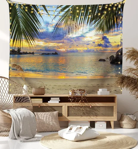 Vista 7 de Lunarable Tapiz costero, puesta de sol en la playa, palmeras del océano retumbante, imagen de lugares de viaje, decoración de tela para colgar