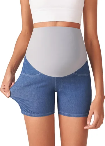 Vista 5 de POSHDIVAH Pantalones cortos de mezclilla de maternidad para mujer sobre el vientre, elásticos, cómodos, suaves, con bolsillos