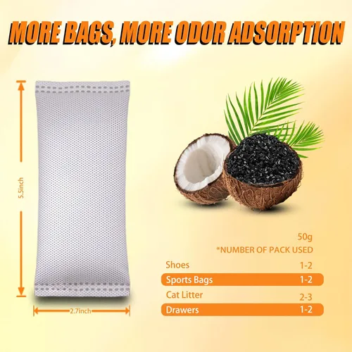 Vista 9 de Bolsas purificadoras de aire de carbón con cáscara de coco de 1.76 onzas, elimina olores y humedad, bolsas purificadoras de aire fresco natural