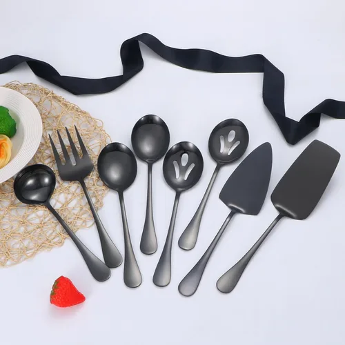 Vista 6 de Utensilios negros para servir, juego de 8 utensilios de acero inoxidable para servir, incluye cucharas de servir, tenedor de servir, cucharón