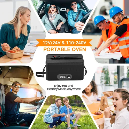 Vista 6 de Horno portátil, calentador de alimentos portátil de 12 V 24 V 110 V-240 V para automóvil, horno portátil personal, mini lonchera eléctrica
